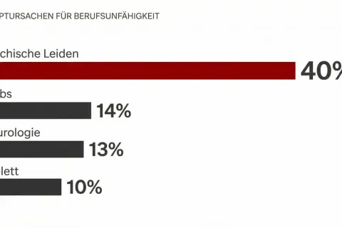Hauptursachen für Berufsunfähigkeit: Psychische Leiden (40%), Krebs (14%), Neurologie (13%), Skelett (10%). Bei psychischen Erkrankungen bekommt man am häufigsten Erwerbsminderungsrente.