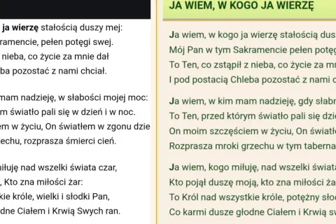 Fragment tekstu piosenki "Ja wiem, w kogo ja wierzę" z numeracją zwrotek.