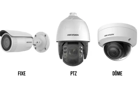 Trois caméras de surveillance Hikvision : fixe, PTZ et dôme. Idéales pour une surveillance vidéo dans le cloud.