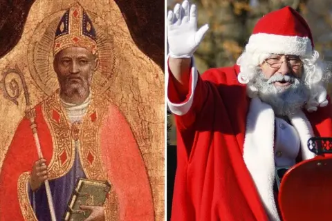 Święty Mikołaj, historyczny gwiazdor i jego współczesny odpowiednik, wesoły staruszek w czerwonym stroju, pozdrawiający z rydwanu.