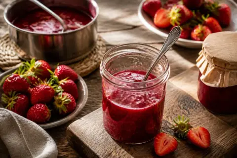 Frische Erdbeeren und selbstgemachte Erdbeermarmelade im Glas. Ein köstliches Erdbeermarmelade Rezept zum Nachmachen.