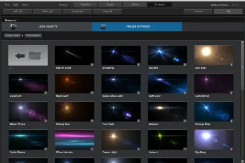 A browser window displays various optical flares presets for After Effects, including "Sun Spot," "Broadway," and "Big Bang.