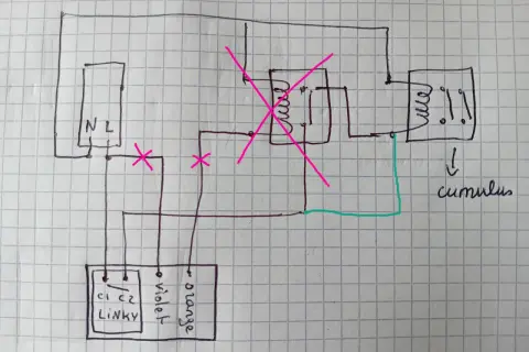 Schéma de câblage d'un contacteur jour nuit Hager. Le mode d'emploi est représenté par un schéma électrique.