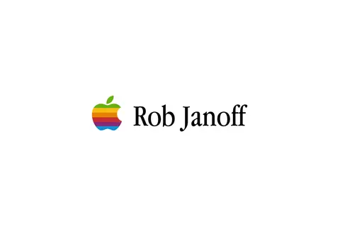 The iconic rainbow Apple logo, designed by Rob Janoff, next to his name.