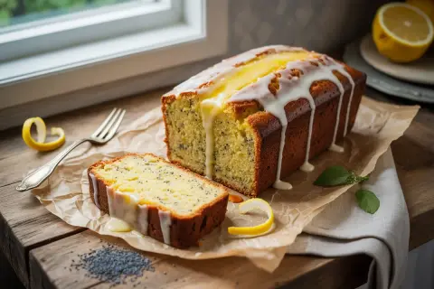Un délicieux cake citron pavot, nappé d'un glaçage blanc et d'une touche de citron, prêt à être dégusté.