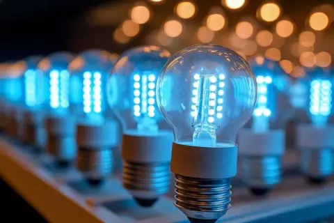 Rząd niebieskich żarówek LED, każda z kilkunastoma diodami, świeci jasno. Zastanawiasz się, ile lumenów ma słońce? Te żarówki to tylko namiastka jego blasku.