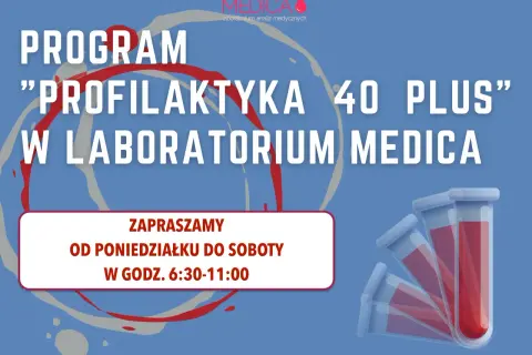 Grafika z napisem "PROGRAM PROFILAKTYKA 40 PLUS W LABORATORIUM MEDICA" i probówkami.