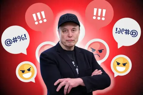 Elon Musk w czapce z napisem DOGE otoczony dymkami z wykrzyknikami i symbolami, jakby ktoś pytał "grok co to".