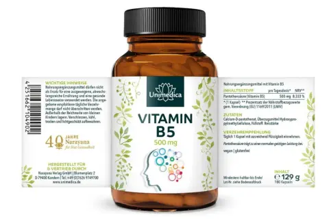Flasche Unimedica Vitamin B5 (500 mg) mit Abbildung eines Kopfes, der von bunten Kreisen umgeben ist. Pantothensäure unterstützt die geistige Leistung.