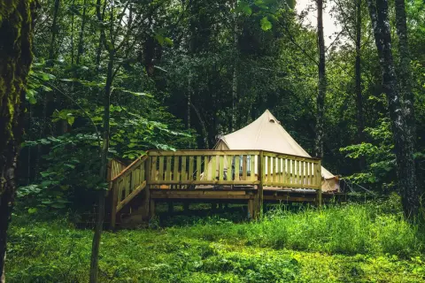 En lyxig glamping i Skåne, med ett beige tält på en träaltan mitt i en grönskande skog.