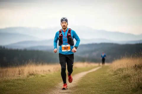 Coureur en plein effort sur un sentier, suivant son plan entrainement trail 70 km 3 séances. Paysage vallonné en arrière-plan.
