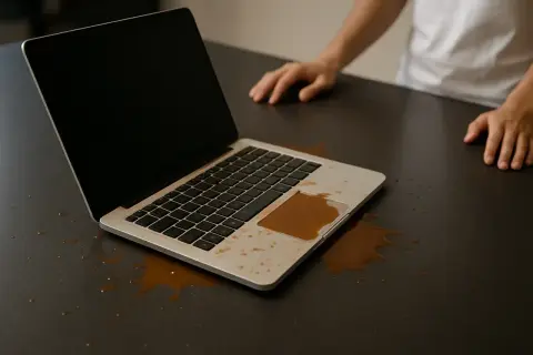 Zalany kawą laptop na biurku. Zastanawiasz się, co zrobić z zalanym laptopem? Szybka reakcja jest kluczowa!