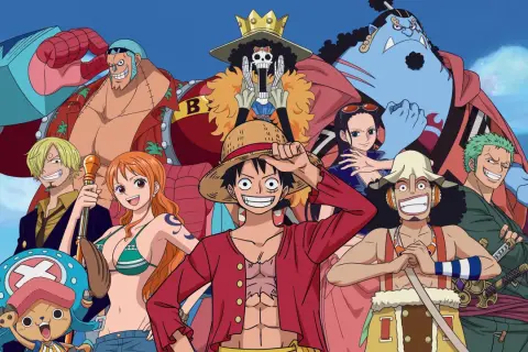 Die Strohhutpiraten versammeln sich für Staffel 1 von One Piece (Anime). Luffy, Nami, Sanji, Chopper, Brook, Franky, Robin, Jinbe und Zoro sind bereit für Abenteuer.