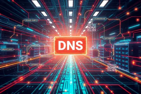 Cyfrowe serce sieci, gdzie **ustawienia DNS** kierują ruchem. Neonowe linie łączą serwery w futurystycznym centrum danych.