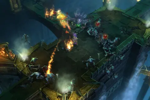 Intensywna bitwa w Diablo 3. Gracze walczą z hordami potworów na płonących platformach. Sprawdź diablo 3 wymagania, by dołączyć do walki!