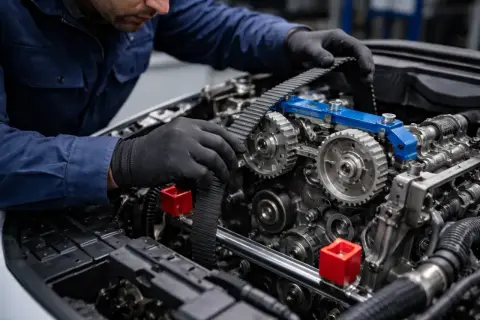 Mécanicien ajustant la courroie de distribution d'un moteur. Obtenez le meilleur tarif changement chaîne de distribution pour votre véhicule.