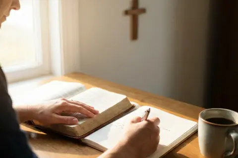 Osoba studiuje ewangelia na dziś z komentarzem, notując przemyślenia przy kubku kawy. W tle widoczny drewniany krzyż.