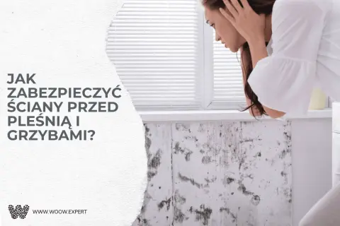 Kobieta z przerażeniem patrzy na zagrzybioną ścianę. Dowiedz się, jak zabezpieczyć ściany przed pleśnią i grzybami.