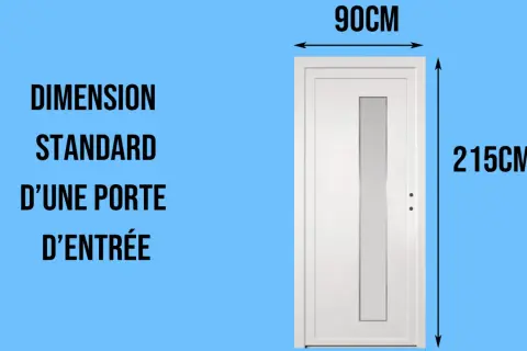 Porte d'entrée blanche avec une fenêtre, mesurant 90 cm de large et 215 cm de haut. C'est la norme dimension porte d'entrée.