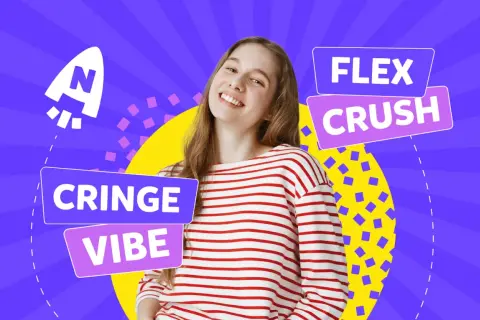 Joven sonriente con camiseta a rayas, rodeada de **palabras generación z** como "CRINGE", "VIBE", "FLEX" y "CRUSH".