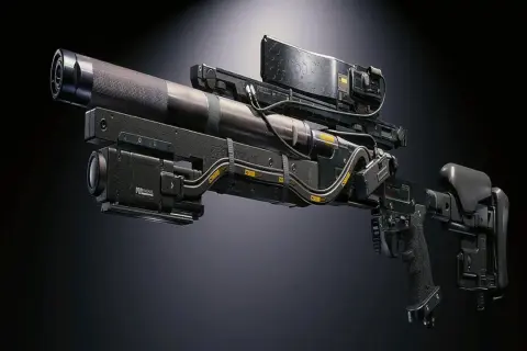 Cyberpunk 2077 najlepsze bronie: futurystyczny karabin snajperski z celownikiem i licznymi dodatkami, gotowy do akcji w Night City.