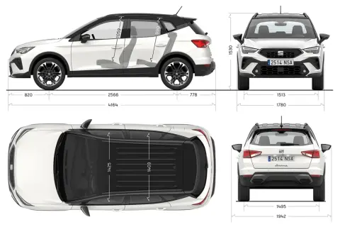 Schemat Seat Arona wymiary: długość 4164 mm, szerokość 1780 mm, wysokość 1530 mm. Rozstaw osi 2566 mm.