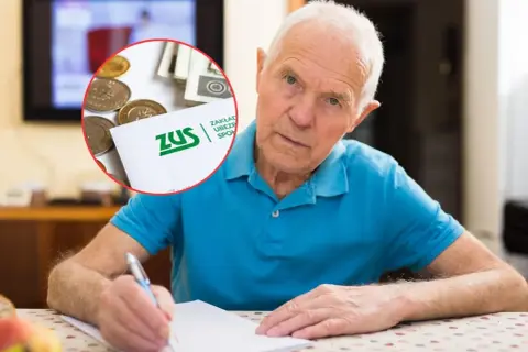 Starszy mężczyzna pisze, w tle ZUS i pieniądze. Czy waloryzacja emerytur 2026 tabela przyniesie ulgę?