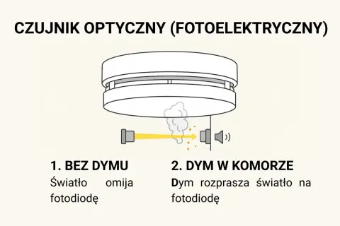 Schemat działania czujki ppoż. optycznej: bez dymu światło omija fotodiodę, z dymem rozprasza się na niej.