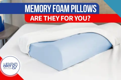 A blue memory foam pillow with a white cover, on a white sheet. Text reads "MEMORY FOAM PILLOWS ARE THEY FOR YOU?". Discover memory foam pillow benefits.