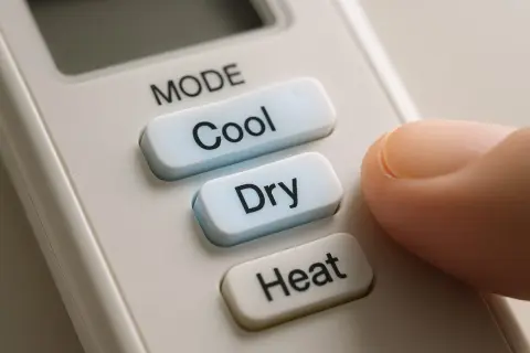 Doigt appuyant sur le bouton "Dry" d'une télécommande, choisissant entre clim cool ou dry pour un confort optimal.