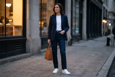 Elegancka kobieta w granatowej marynarce i jeansach, tworząca styl smart casual damski. W dłoni trzyma brązową torbę.