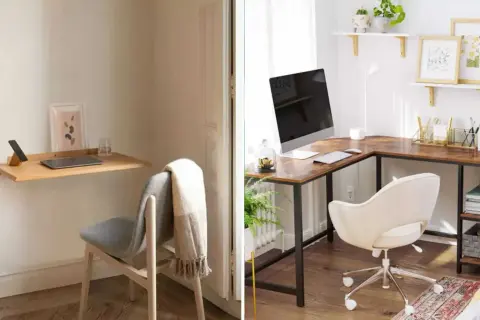 Idées pour transformer une chambre en bureau : un petit bureau mural minimaliste et un grand bureau d'angle fonctionnel.