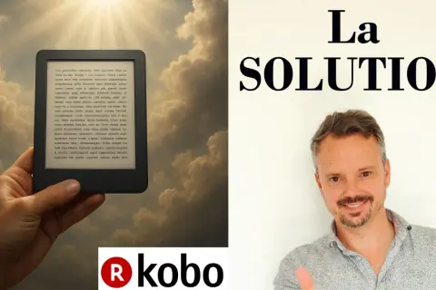 Main Kobo e-reader dans un ciel nuageux, avec le texte "La SOLUTION" et un homme souriant. Mise à jour Kobo.