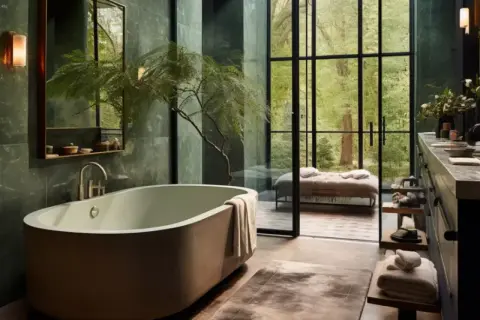Élégante salle de bain travertin et vert, avec baignoire, vue sur jardin luxuriant.