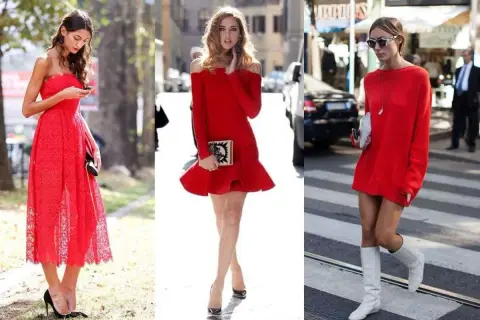 Tre donne sfoggiano un vestito rosso: una con pizzo e tacchi neri, un'altra con maniche a spalle scoperte e clutch, la terza con maglione oversize e stivali bianchi. Scarpe da abbinare per ogni look.