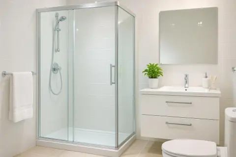 Salle de bain moderne avec douche vitrée, lavabo, miroir et WC. Idéal pour un nettoyage facile et une ambiance zen.