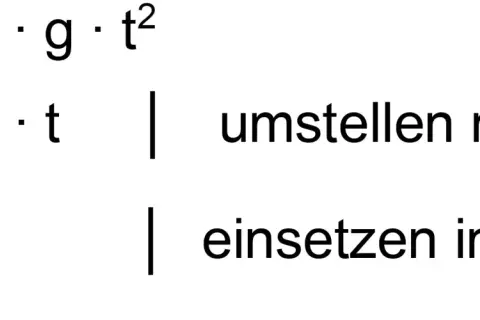 Formeln für den waagerechten Wurf: Sy = ½gt², Sx = v₀t. Zeit t wird aus Sx-Gleichung umgestellt und in Sy-Gleichung eingesetzt.