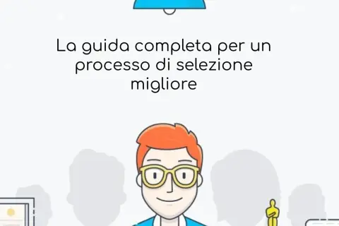 Guida per assumere personale: un processo di selezione efficace con un personaggio sorridente e sagome di candidati.