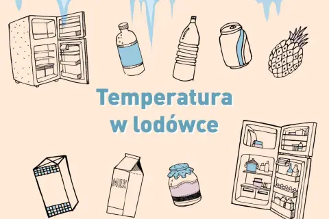 Ilustracja z otwartą lodówką, napojami, mlekiem, dżemem i ananasem.
