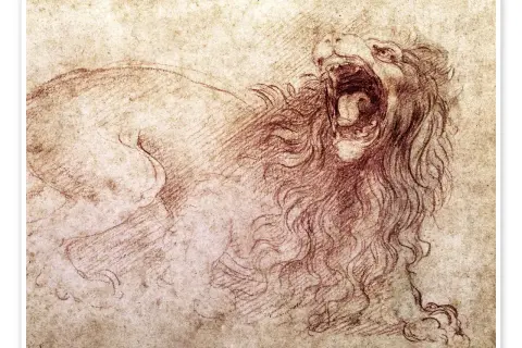 Leonardo da Vinci rysunek przedstawia ryczącego lwa z otwartą paszczą i bujną grzywą, uchwyconego w dynamicznym ruchu.