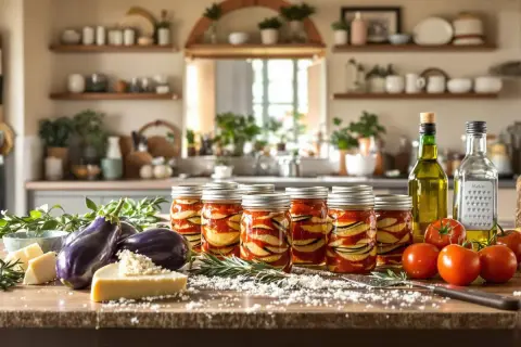 Aubergines confites recette italienne : des bocaux remplis d'aubergines, tomates, huile d'olive, ail et herbes sur un comptoir de cuisine.