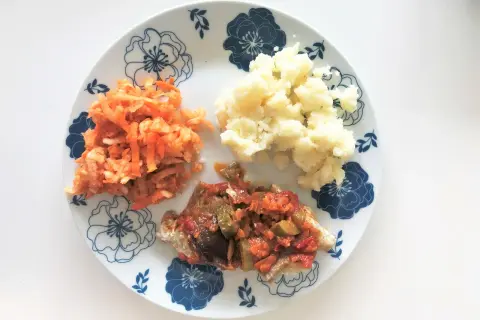 Łagodny posiłek po kolonoskopii: ryba w sosie warzywnym, puree ziemniaczane i surówka z marchewki.