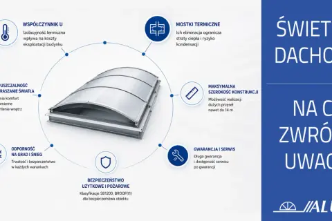 Nowoczesny świetlik dachowy z aluminium, zapewniający komfortowe doświetlenie, izolację termiczną i bezpieczeństwo.