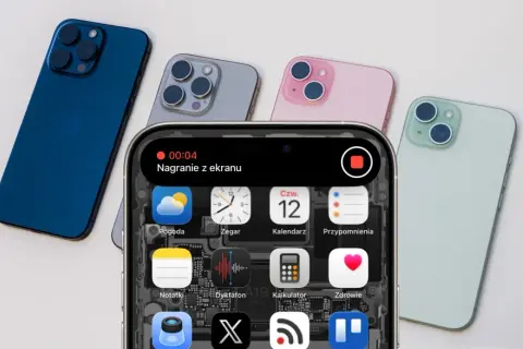 Nagrywanie ekranu iPhone'a w toku, w tle kilka modeli w różnych kolorach.
