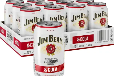 Puszki Jim Beam & Cola w kartonie. Klasyczne połączenie bourbonu i coli, gotowe do schłodzenia.