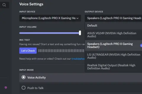Ustawienia głosu Discord: mikrofon Logitech PRO X, głośniki Logitech PRO X. Oczekiwanie na punkt końcowy Discord, aby rozpocząć rozmowę.