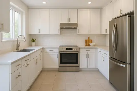 Cuisine moderne avec armoires blanches, évier, cuisinière et réfrigérateur en acier inoxydable, sur un sol en carrelage blanc.