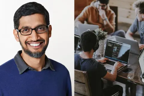 Sundar Pichai ler, omgiven av ett team av bra medarbetare som arbetar fokuserat vid sina laptops.