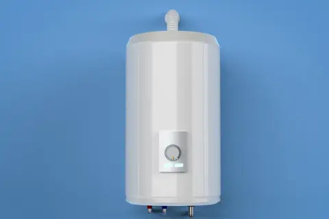 Bojler elektryczny 30l energooszczędny, biały, z panelem sterowania i wskaźnikami LED, zamontowany na niebieskiej ścianie.
