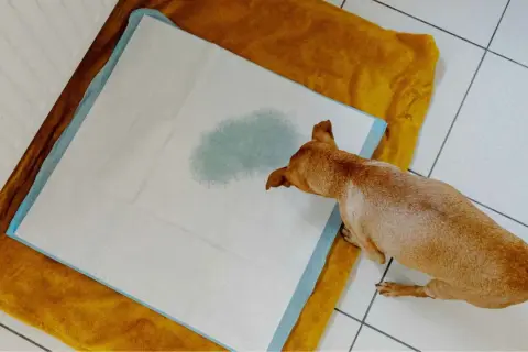 Perro pequeño sobre empapador con mancha de orina. Podría ser un síntoma de infeccion de orina perros.